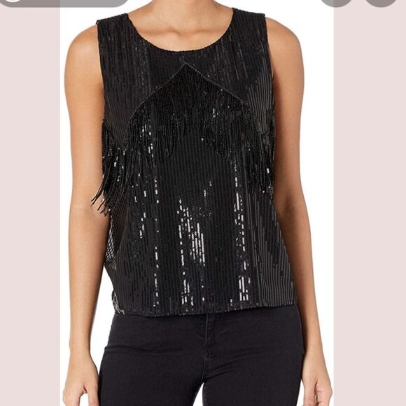 BB DAKOTA Bling It On Sequin Fringed Black Top - Picture 1 of 5